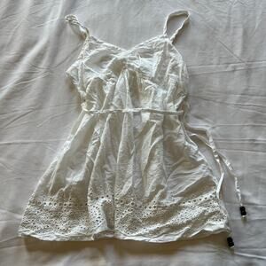 White flowy cotton babydoll eyelet lace tank beaded tie waist straps S